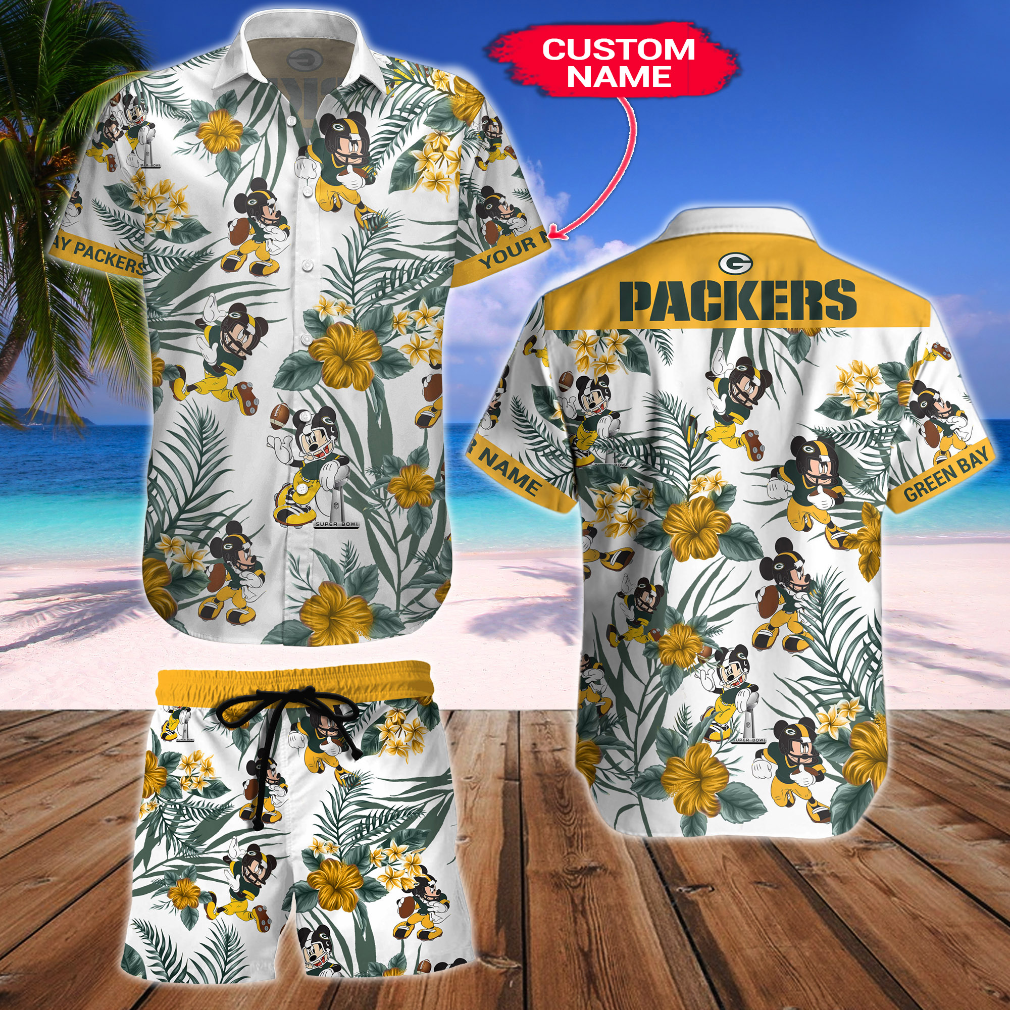 Green Bay Packers Mickey Custom Name Hawaiian Shirt