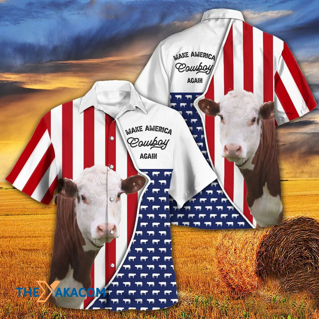 Independence Day Hereford Cattle Make America Cowboy Again Hawaiian Shirt