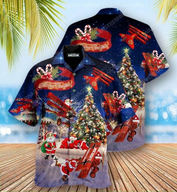 Christmas holiday santa claus riding airplane hawaiian shirt