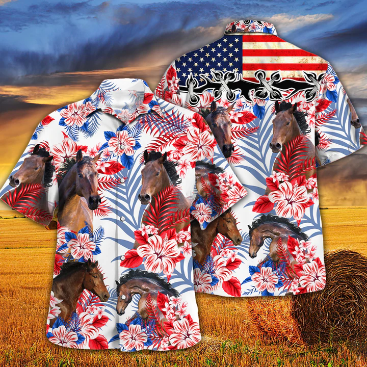 Horse Lovers Flower American Flag Hawaiian Shirt