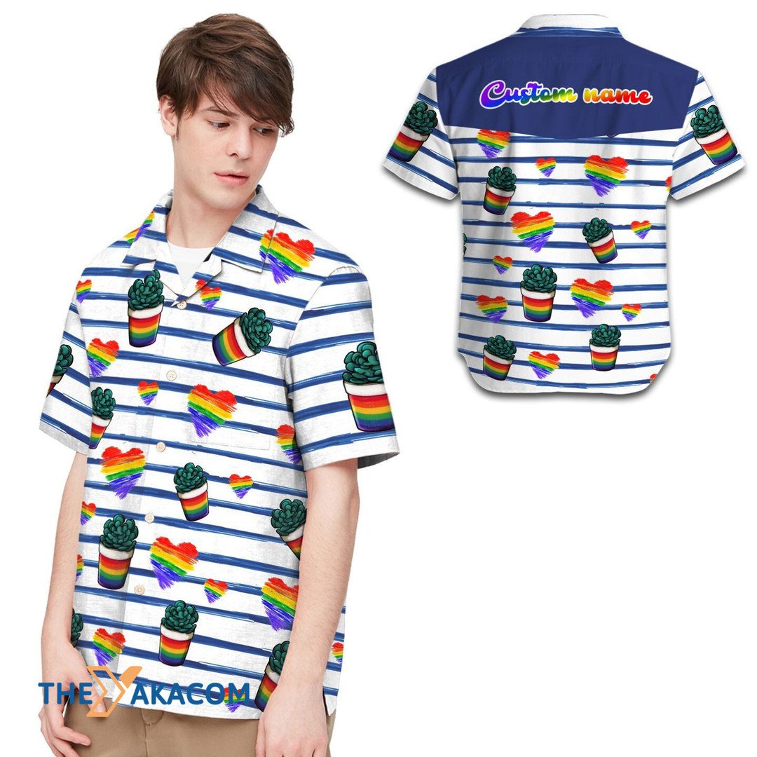 Heart And Cactus Rainbow LGBT Community Pride Month Custom Name Hawaiian Shirt