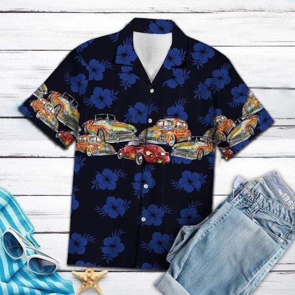 Vinatge Car Dark Blue Tropical Floral Hawaiian Shirts