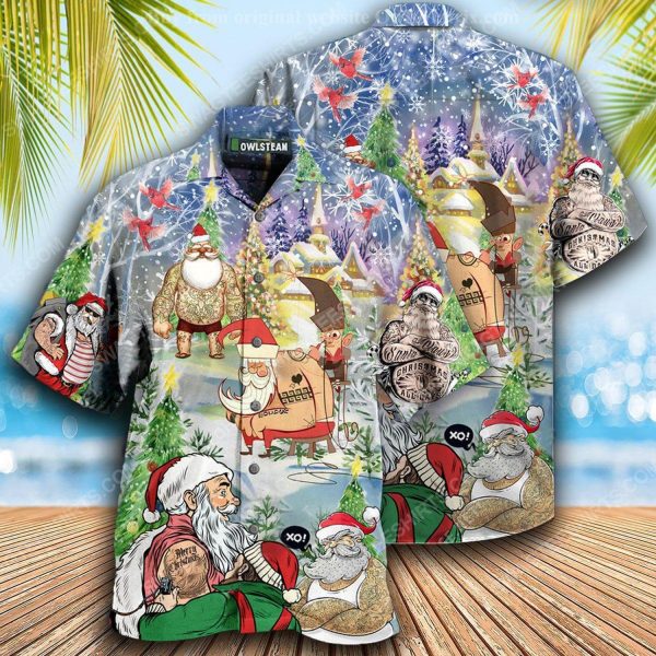 Christmas holiday santa with tattoo full print hawaiian shirt
