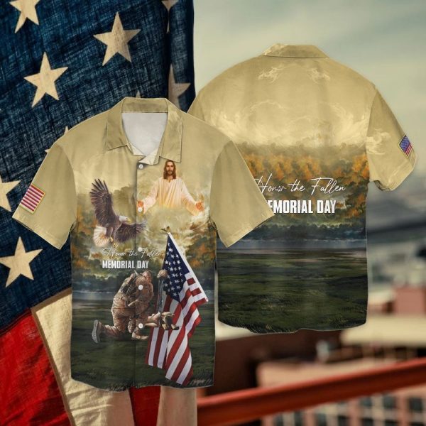 Memorial Day Eagle And Jesus Honor The Fallen 4th Of July Hawaiian Shirt