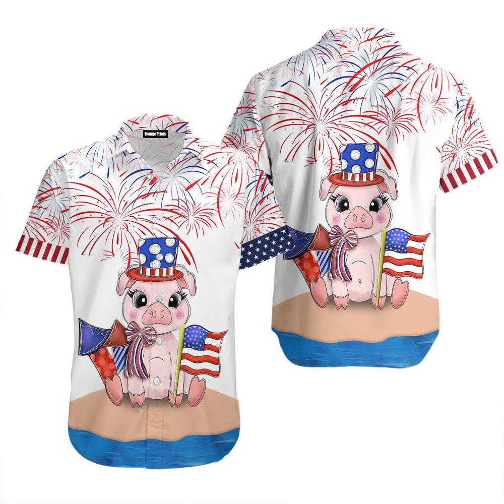 Funny Pig American Flag Firework Hawaiian Shirt
