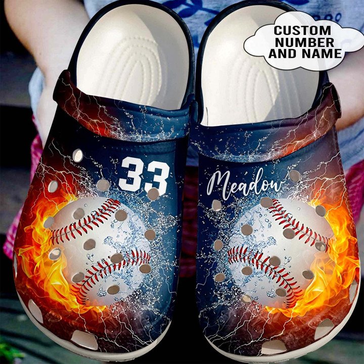 Custom Name And Number Baseball Fire And Water Crocs Crocband Clogs