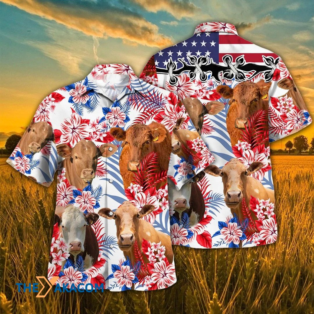 Independence Day Beefmaster Cattle Tropical Plant Hawaiian Shirt