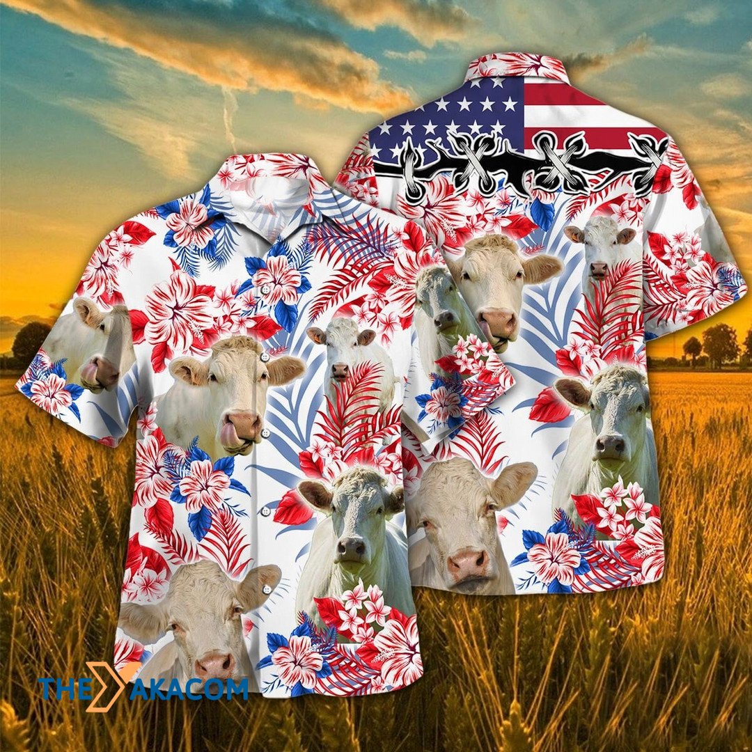 Independence Day Charolais Cattle Tropical Plant Hawaiian Shirt