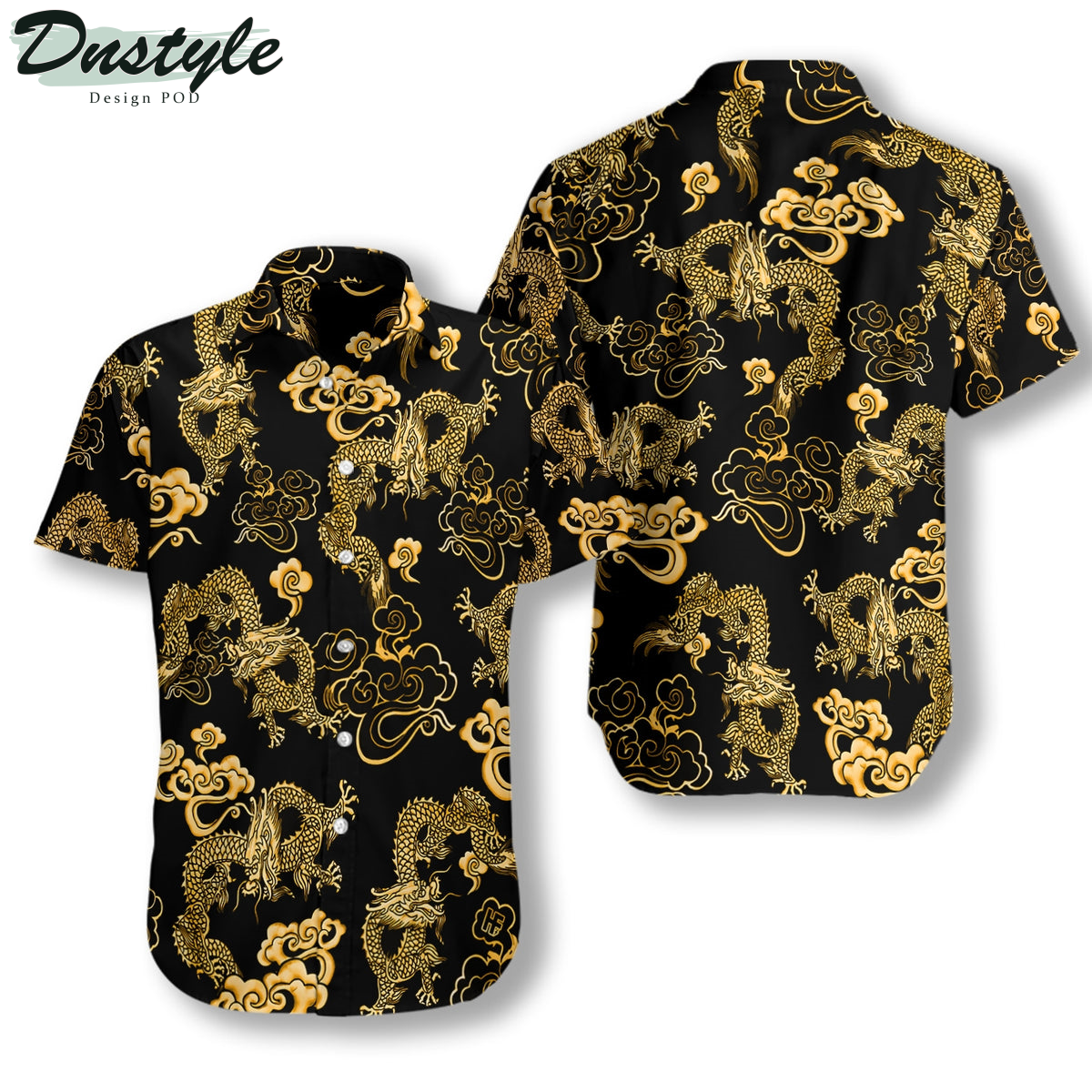 Black Gold Oriental Dragon Black Hawaiian Shirt