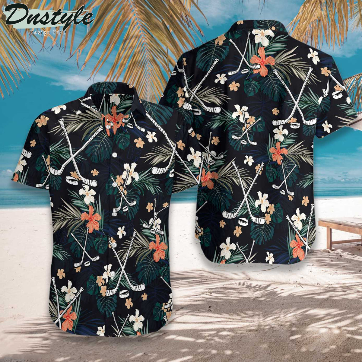 Hockey Tropical Black & Blue Hibiscus Hawaiian Shirt
