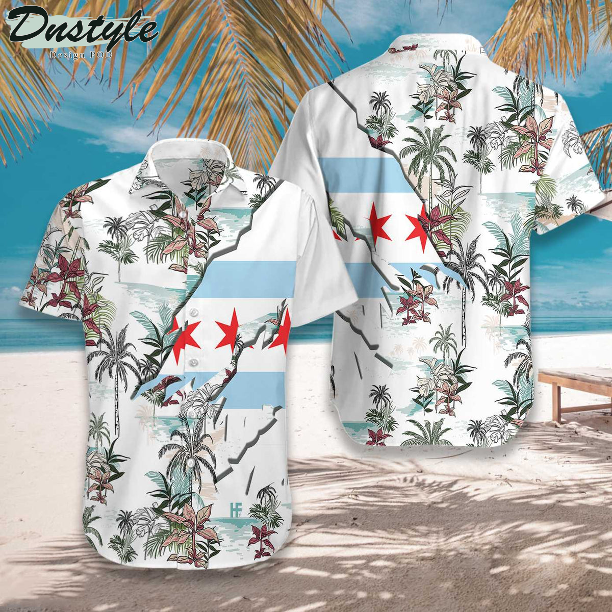 Navy Chicago Palm Tree Hawaiian Shirt