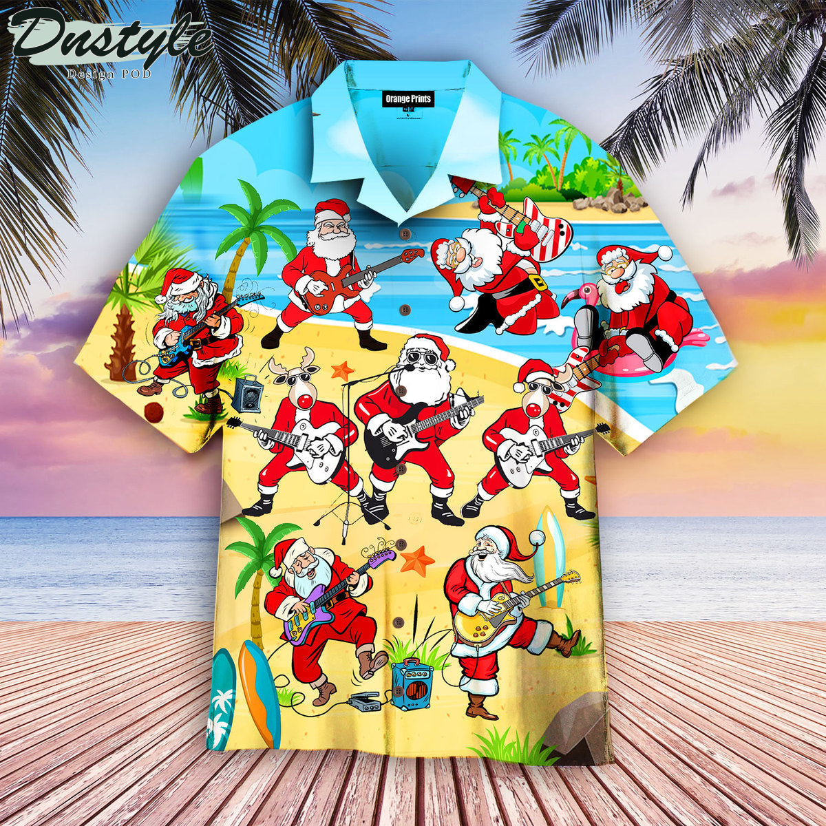 Christmas Santa Playing Guitar On Beach Hawaiian Shirt