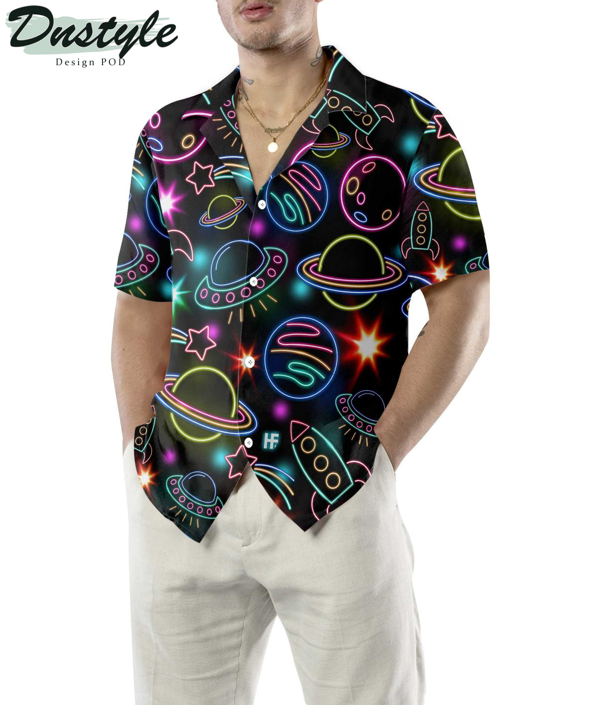 Glowing Space With Rainbow Star Black Hawaiian Shirt