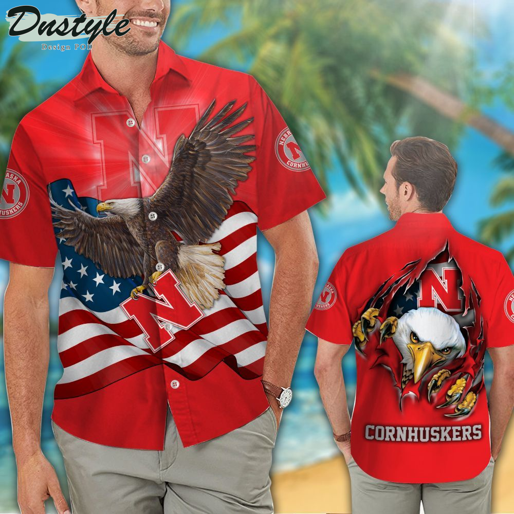 Nebraska Cornhuskers American Eagle NFL US Flag Hawaiian Shirts And Shorts