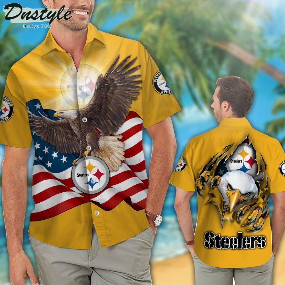 Pittsburgh Steelers American Eagle NFL US Flag Hawaiian Shirts And Shorts