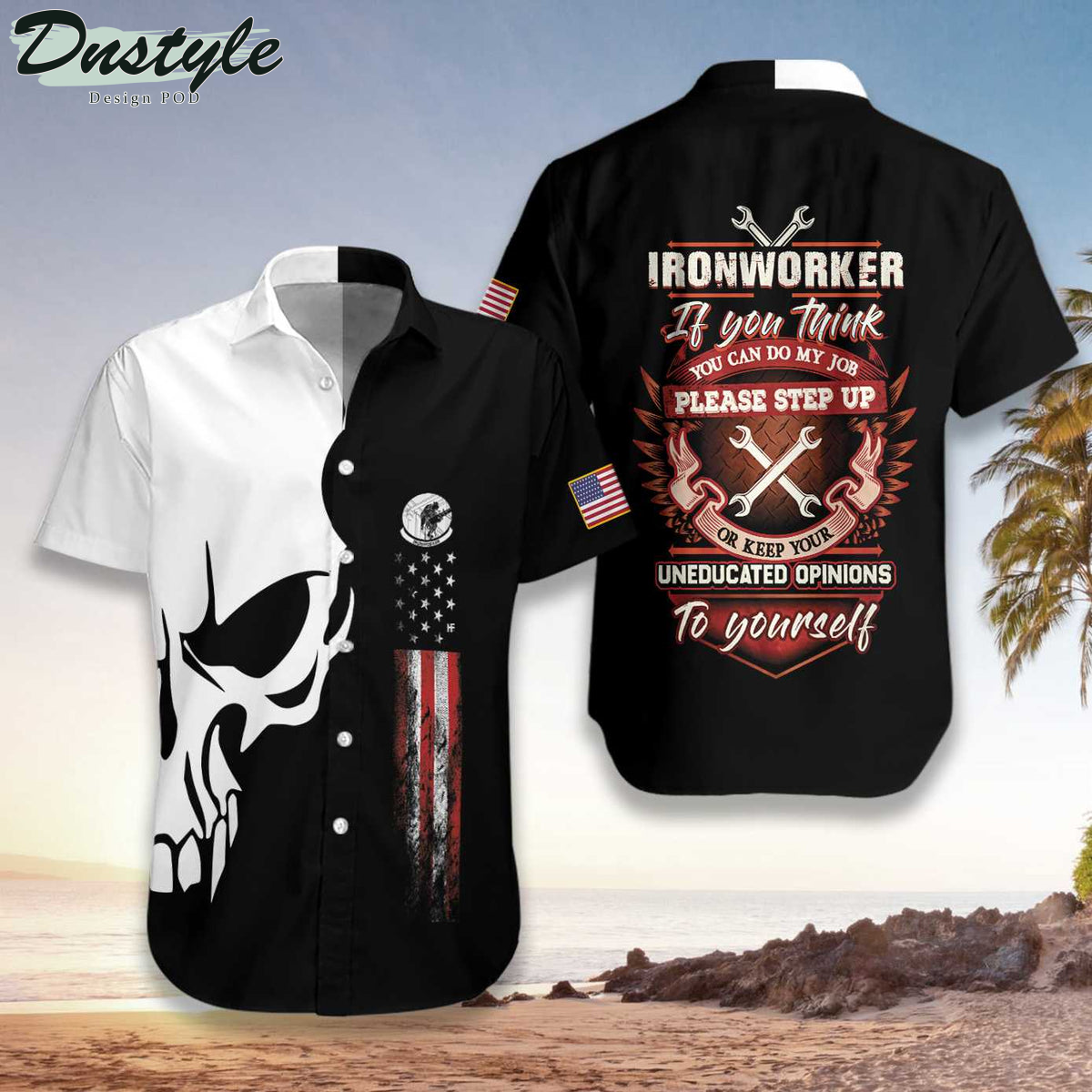 Ironworker Proud Skull US Flag Hawaiian Shirt