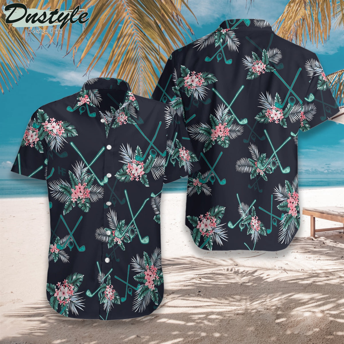 Golf Tropical Hibiscus Black Hawaiian Shirt