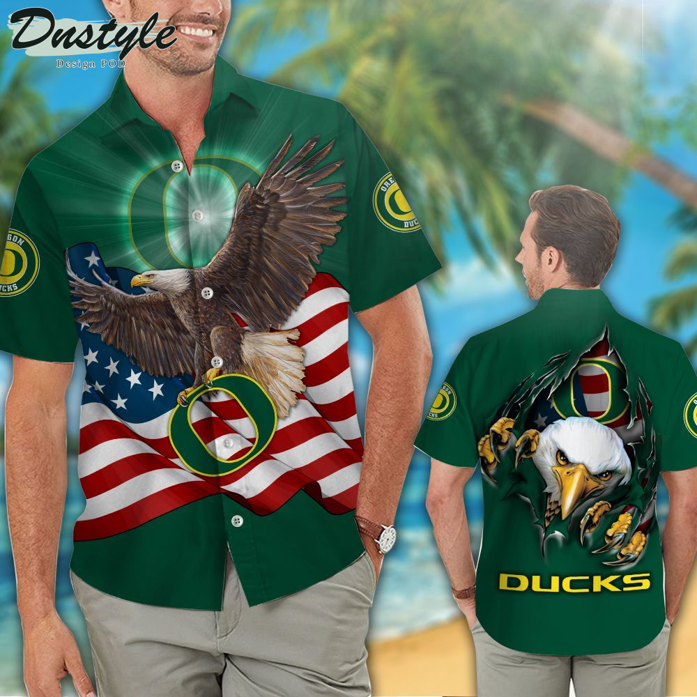 Oregon Ducks American Eagle NCAA US Flag Hawaiian Shirts And Shorts