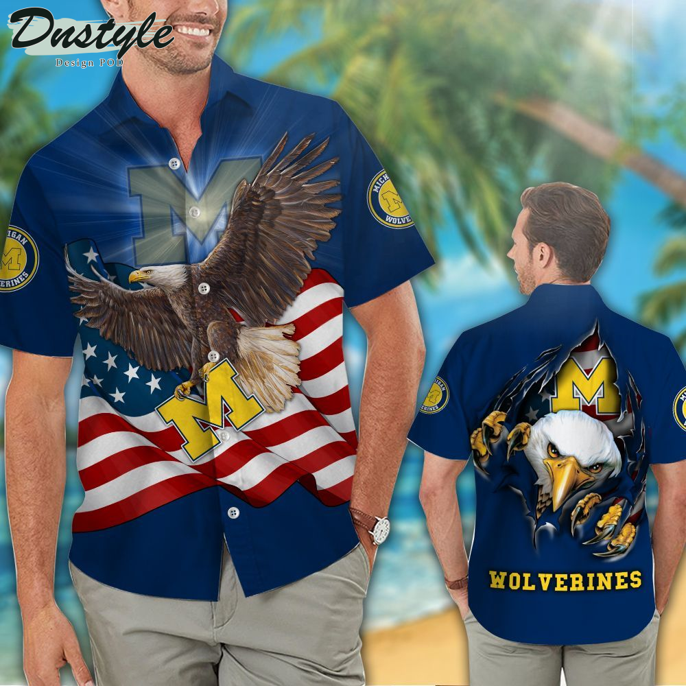 Michigan Wolverines American Eagle NCAA US Flag Hawaiian Shirts And Shorts