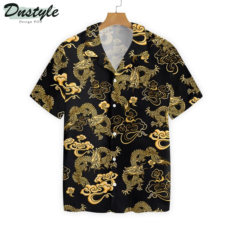 Black Gold Oriental Dragon Black Hawaiian Shirt