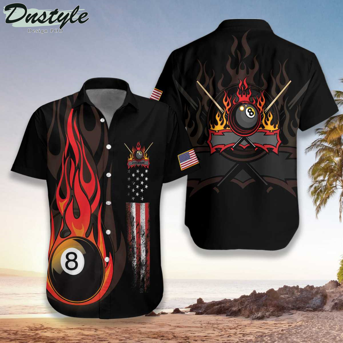 Flame 8 Ball Billiard Pool Black Hawaiian Shirt