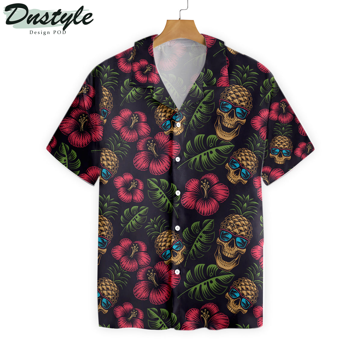 Pineapple Skull Hibiscus Black Hawaiian Shirt
