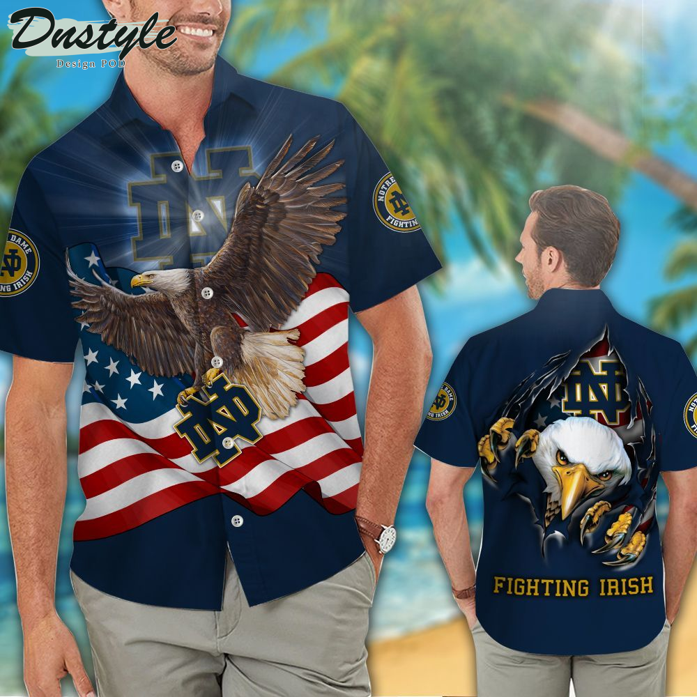 Notre Dame Fighting Irish American Eagle NCAA US Flag Hawaiian Shirts And Shorts