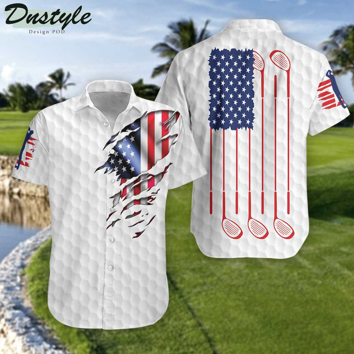 Golf American Flag White Hawaiian Shirt