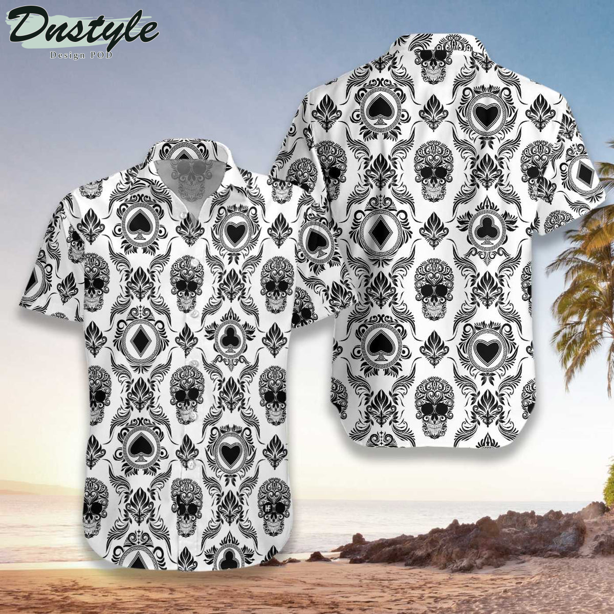 Casino And Black Skull Pattern White Hawaiian Shirt