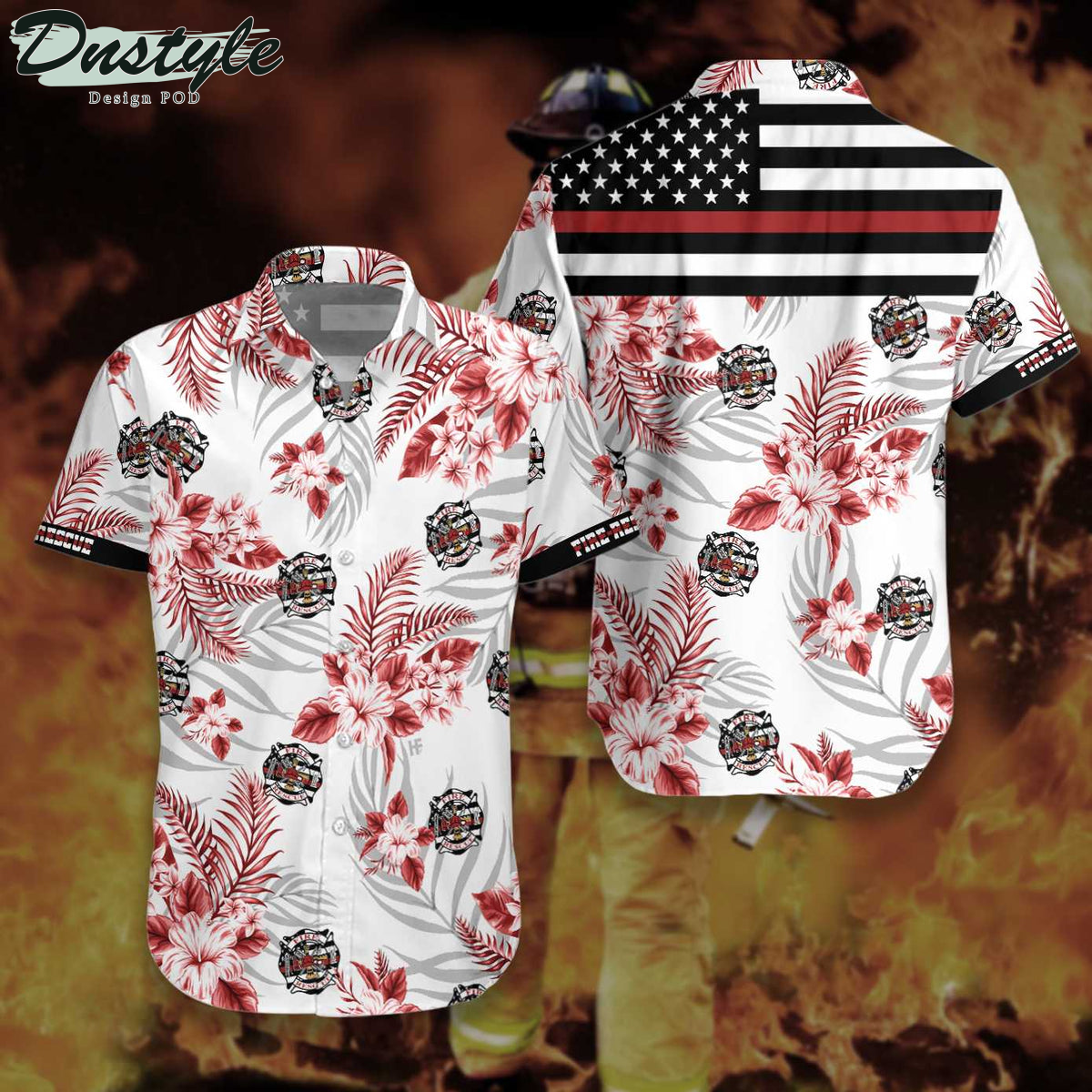 The Red Line Black American Flag Firefighter Tropical Hawaiian Shirt