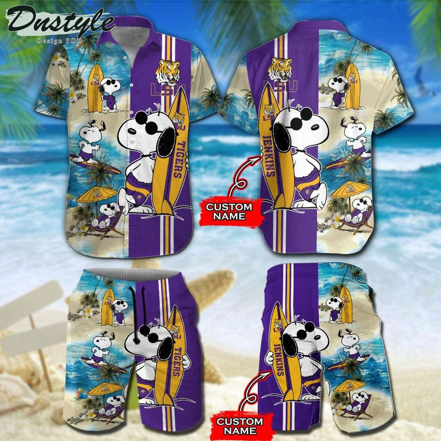 LSU Tigers Snoopy Surfing On The Beach Hawaiian Shirt Beach Short