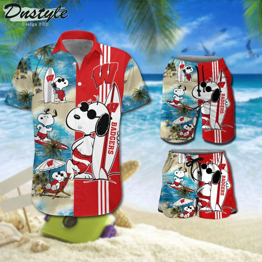 Wisconsin Badgers Snoopy Surfing On The Beach Hawaiian Shirt Beach Short