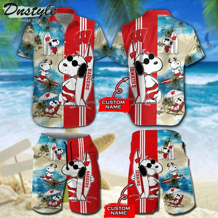 Wisconsin Badgers Snoopy Surfing On The Beach Hawaiian Shirt Beach Short