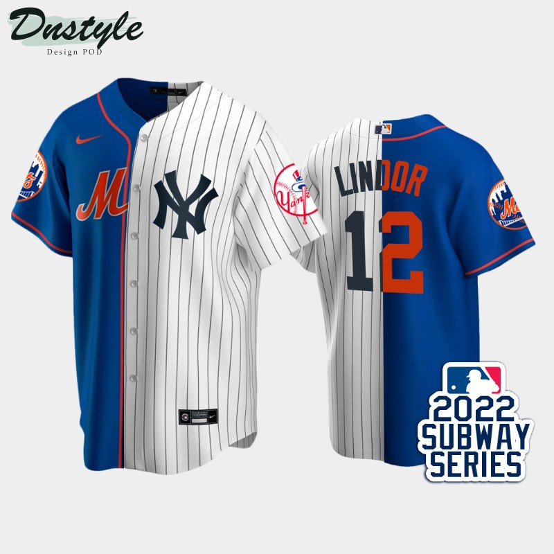2022 Subway Series New York Mets #12 Francisco Lindor Split Royal White Jersey