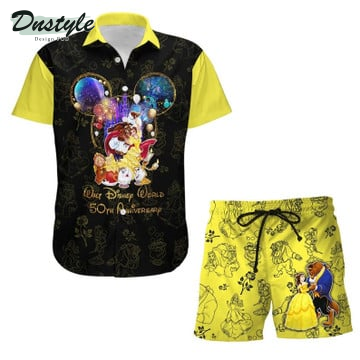 Beauty & The Beast 50th Anniversary Glitter Disney Castle Combo Hawaiian Shirt & Beach Shorts