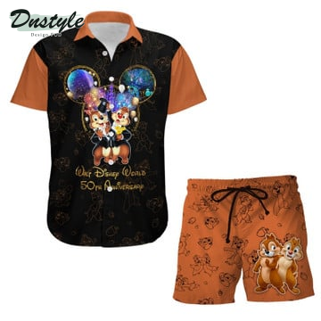 Chip & Dale 50th Anniversary Glitter Disney Castle Combo Hawaiian Shirt & Beach Shorts