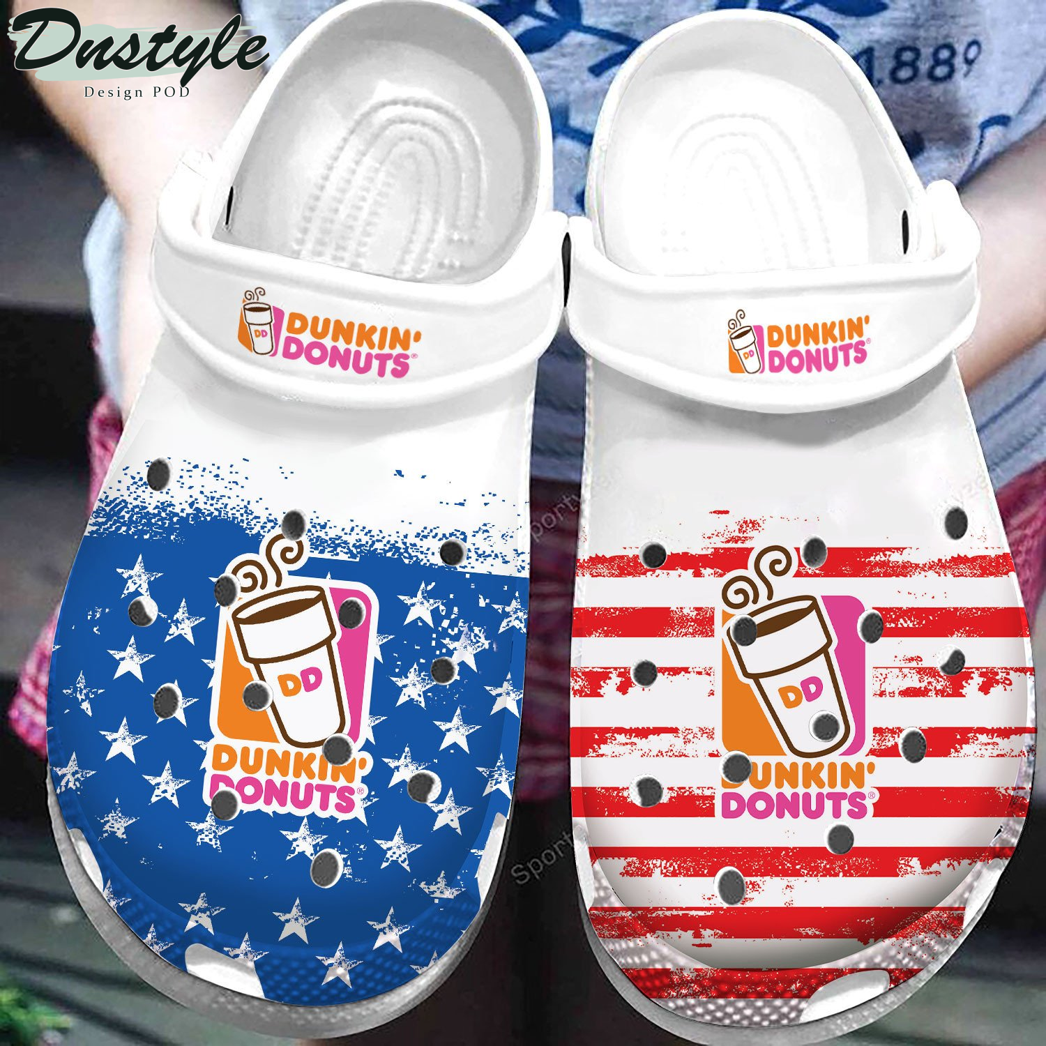 Half n Half Dunkin Donut American Flag Clog Crocs Shoes