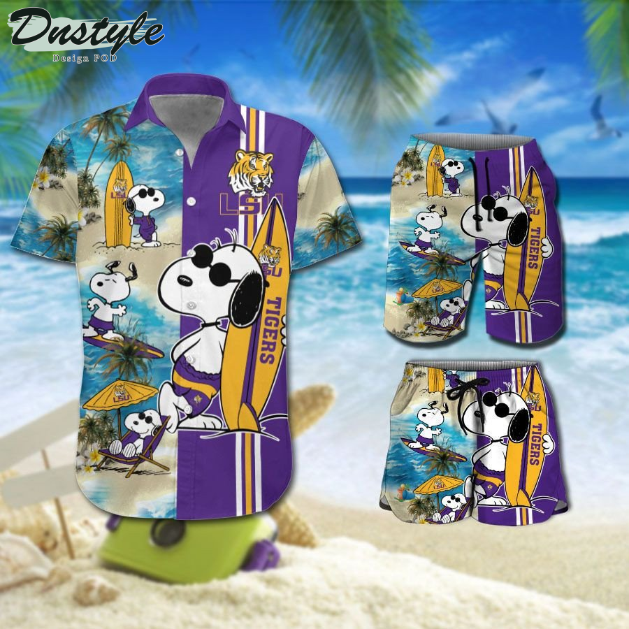 LSU Tigers Snoopy Surfing On The Beach Hawaiian Shirt Beach Short