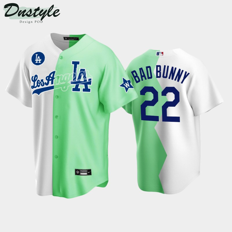 Los Angeles Dodgers #22 Bad Bunny White Green 2022 MLB All-Star Celebrity Softball Game Split Jersey Men's