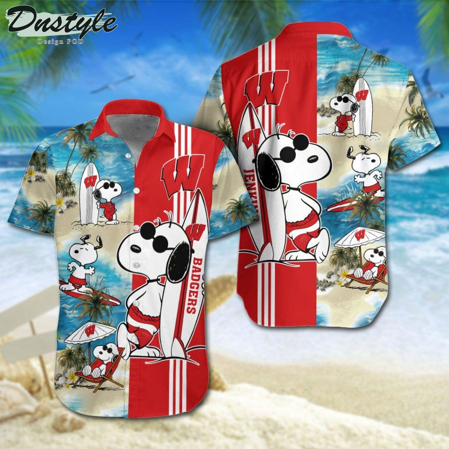 Wisconsin Badgers Snoopy Surfing On The Beach Hawaiian Shirt Beach Short