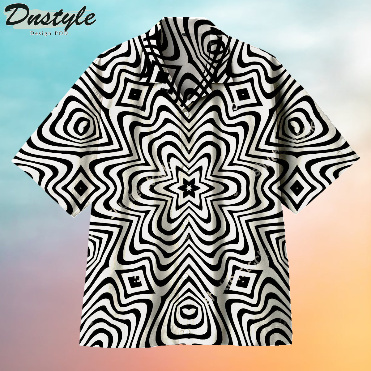 Black and White Hexagonal Ripples Hawaiian Shirt