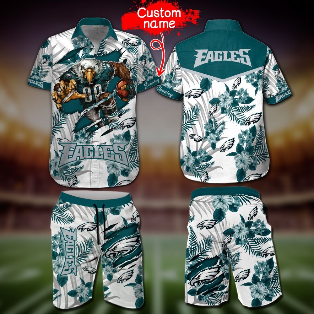 Philadelphia Eagles Custom Name Hawaiian Shirt Beach Shorts