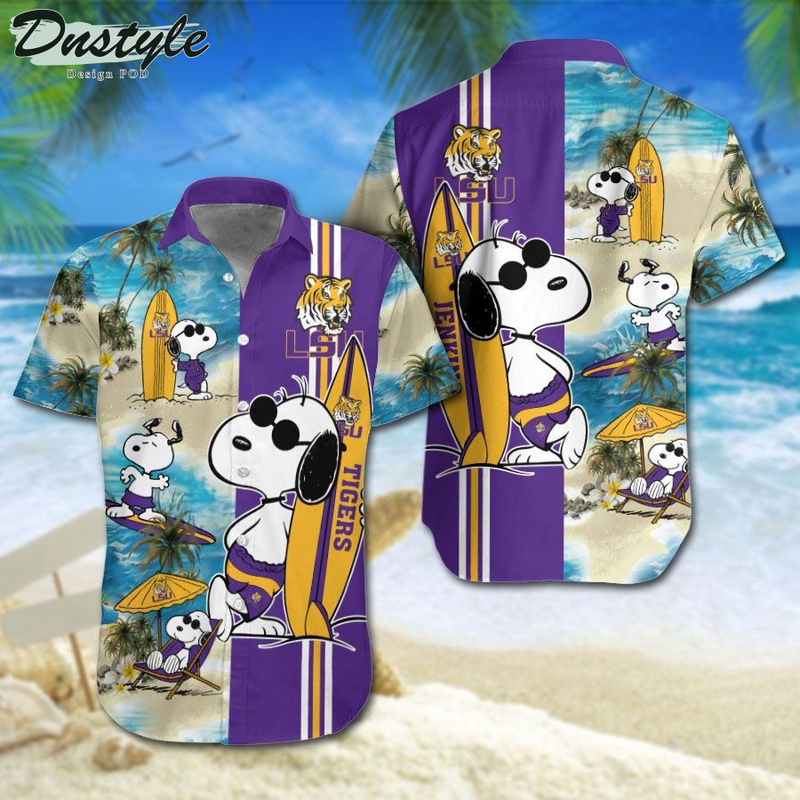 LSU Tigers Snoopy Surfing On The Beach Hawaiian Shirt Beach Short