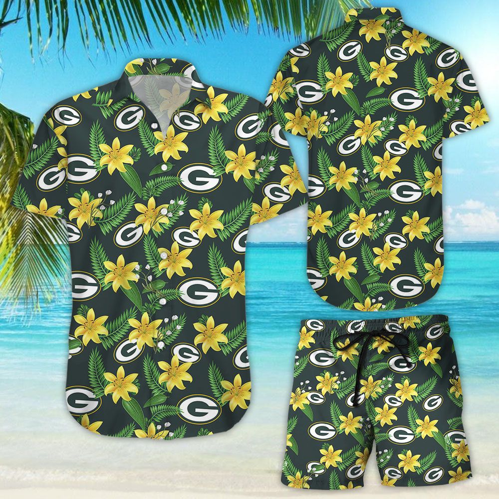 Green Bay Packers Tropical Flower Hawaiian Shirt Beach Shorts