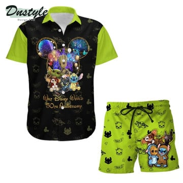 Stich Toothless & Friends 50th Anniversary Glitter Disney Castle Combo Hawaiian Shirt & Beach Shorts