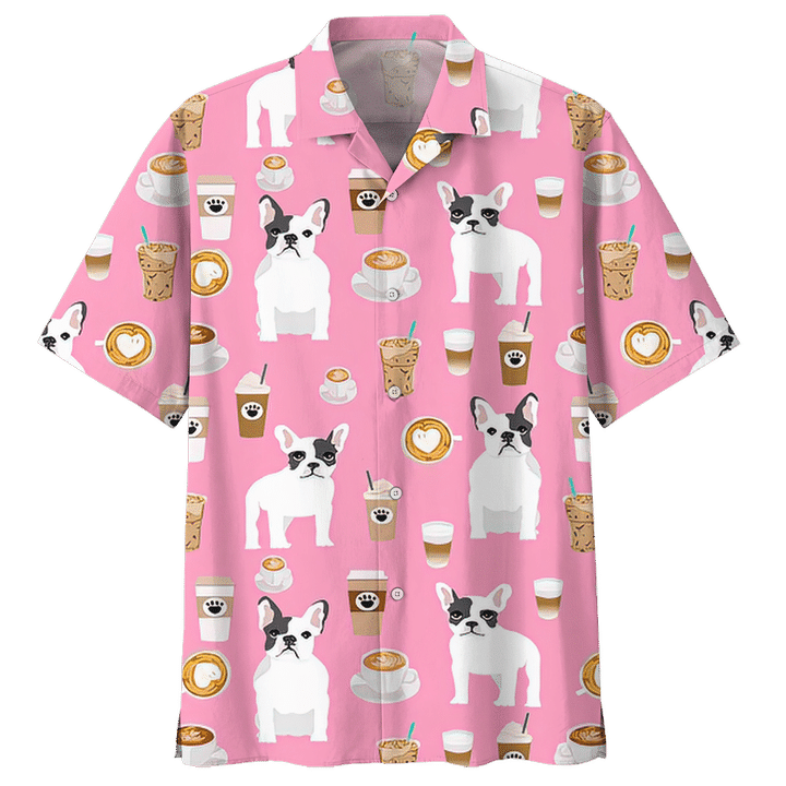 French Bulldog Coffee Aloha Colorful Summer Beach Pink Hawaiian Shirt