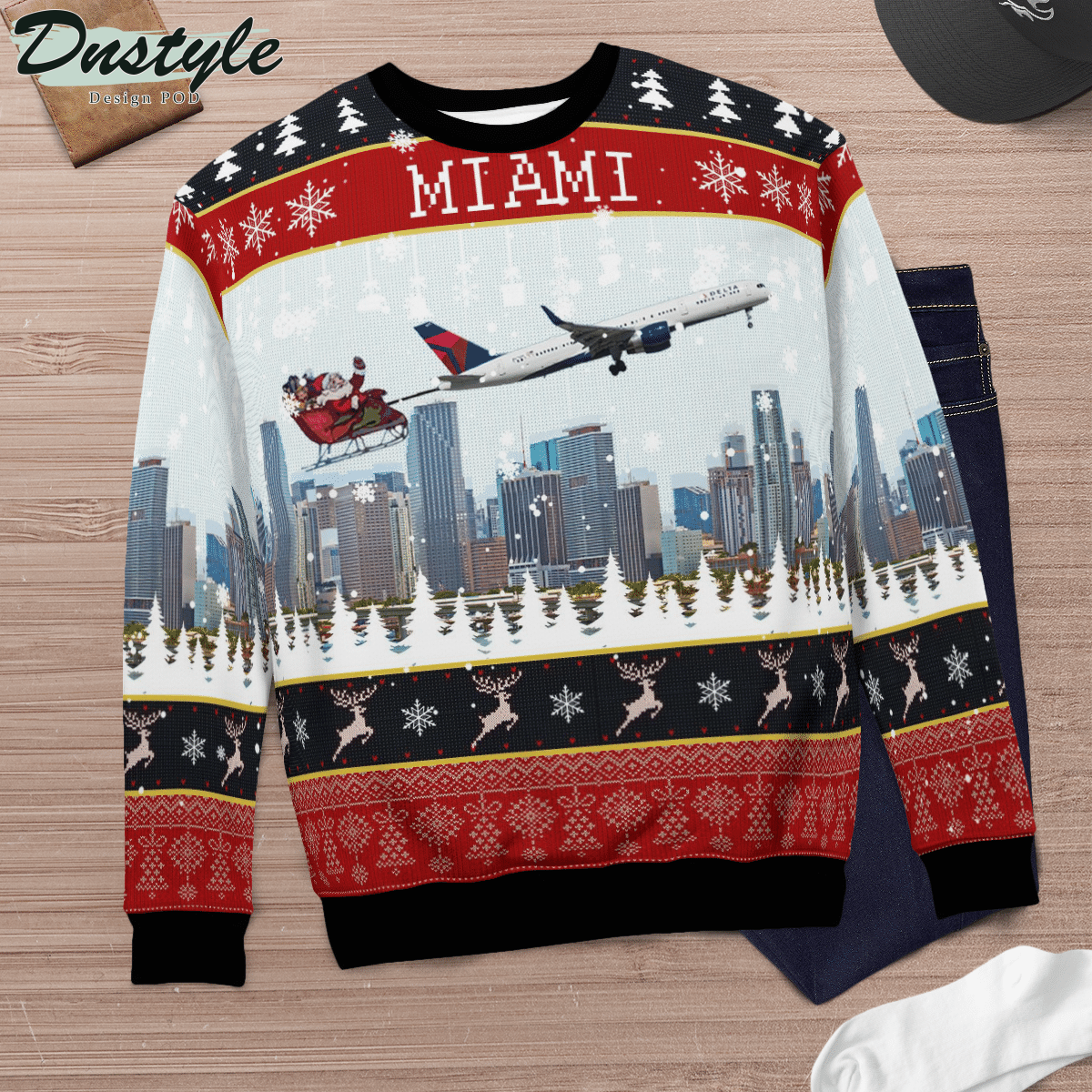 Delta Air Lines Boeing 757-232 With Santa Over Miami Ugly Christmas Sweater