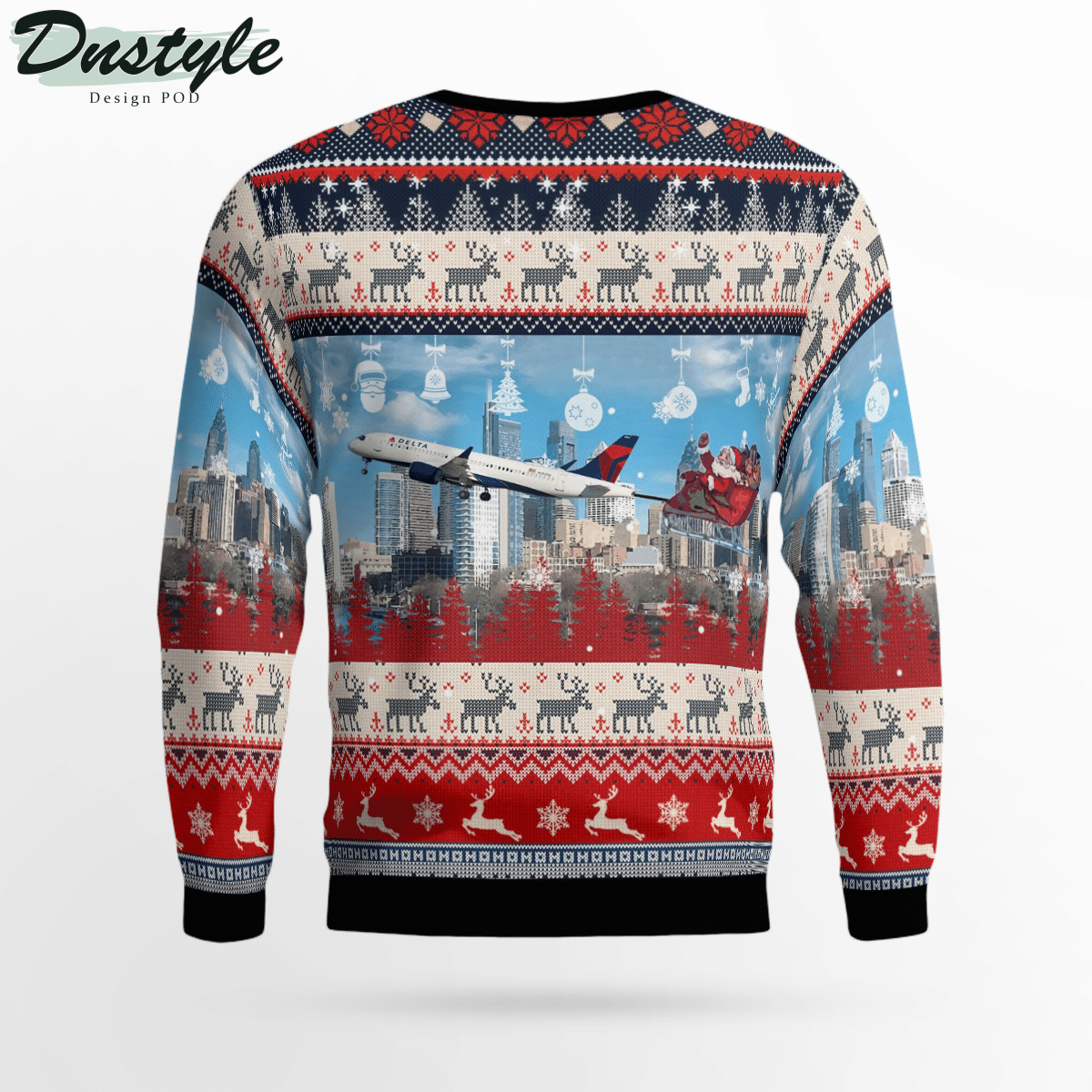 Delta Air Lines Airbus A220-300 With Santa over Philadelphia Ugly Christmas Sweater