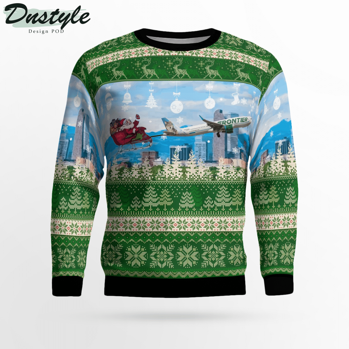 Frontier Airlines Airbus A321-211 With Santa Over Denver Ugly Christmas Sweater