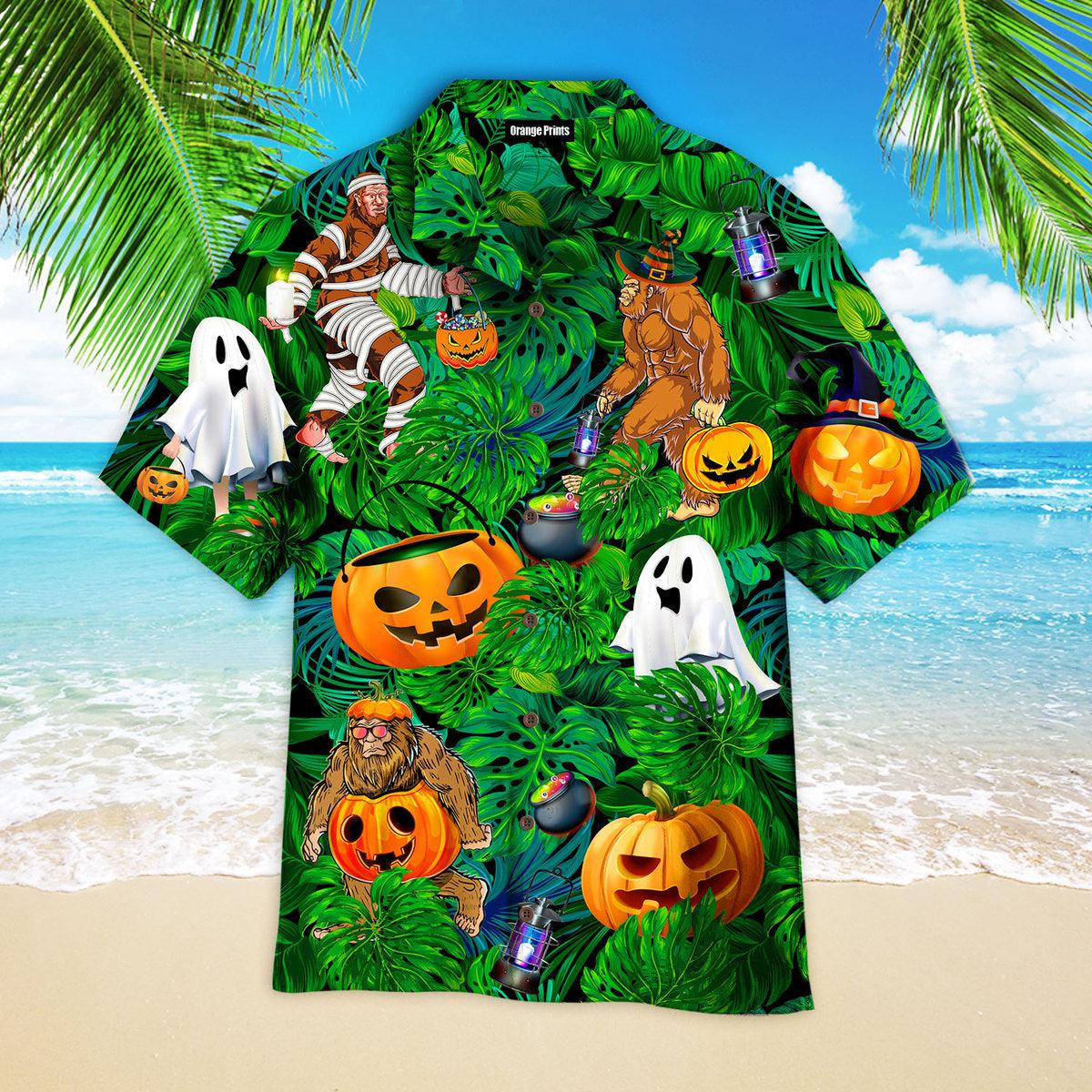 Tropical Bigfoot Halloween Pumpkin Ghost Hawaiian Shirt